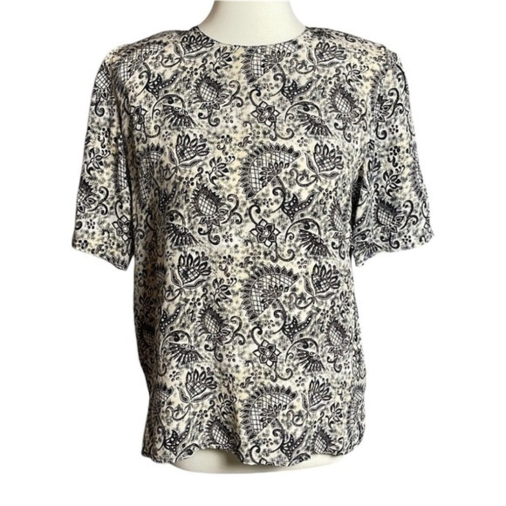 NWOT Spenser Jeremy Black Cream 100% Silk Short Sleeve Blouse - Size Medium